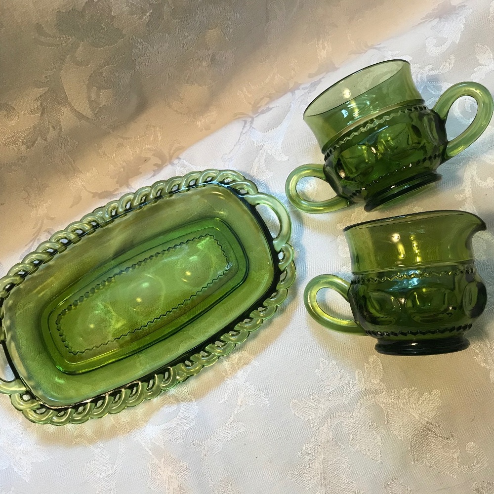Vintage Green Glass Saucer and Creamer and Sugar - Picture 5 of 6